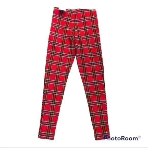 Zara red plaid zipper front pull on skinny pants xs - Picture 6 of 9